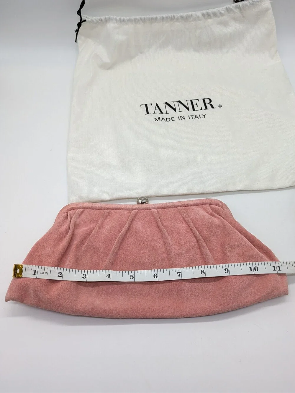 Tanner Pink Suede Leather Kiss Lock Clutch Purse